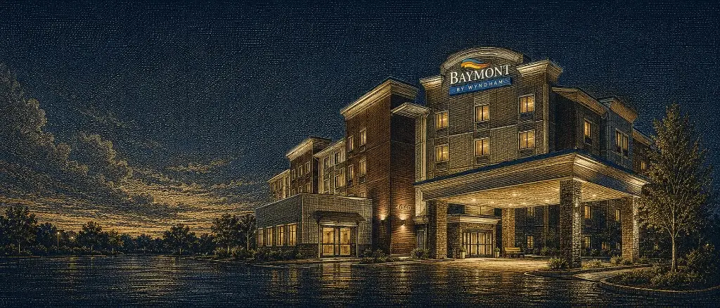 Baymont by Wyndham hotel exterior at night in coded-tapestry style