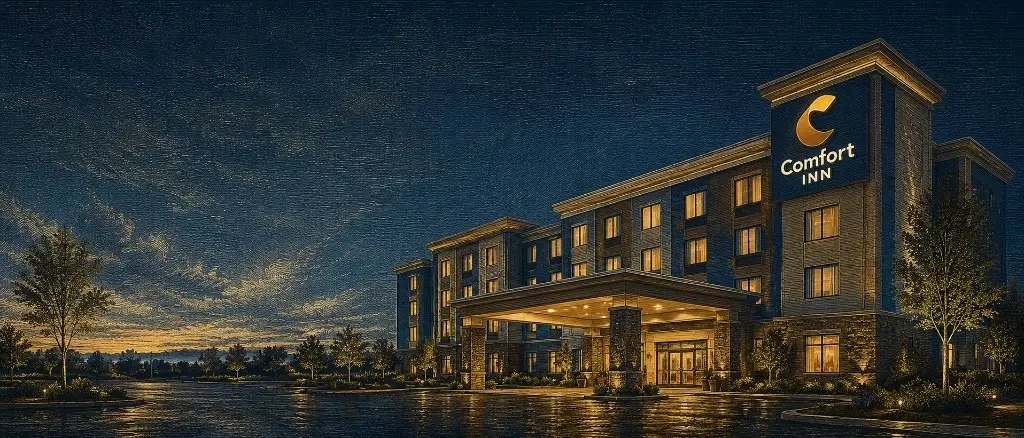 Comfort Inn hotel exterior at twilight in coded-tapestry style