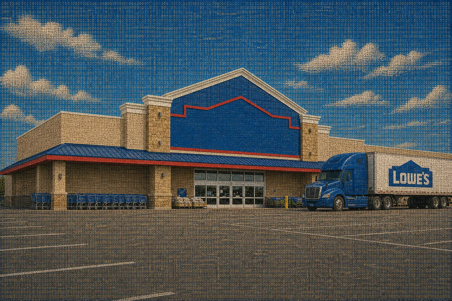 Coded-tapestry illustration of a sunlit Lowe’s storefront and delivery truck